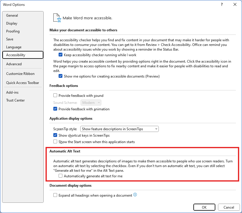 Word's accessibility options screen with the automatic alt text section highlighted with a red box, and the 'automatically generate alt text for me' box unchecked.