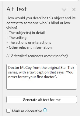 Word's Alt Text pane with text describing the image in the document: Doctor McCoy from the original Star Trek series, with a text caption that says, "You never forget your first doctor".