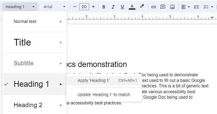 A Google Doc with the style picker menu open and the Heading 1 style selected.