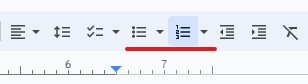 A section of the Google Docs toolbar with the list buttons marked.