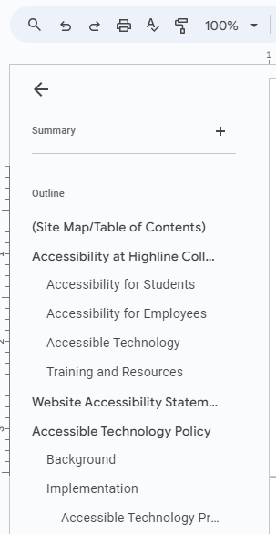 The Google Docs document outline pane showing multiple levels of headings in use.
