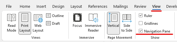 Word's View toolbar with the Navigation Pane option marked.
