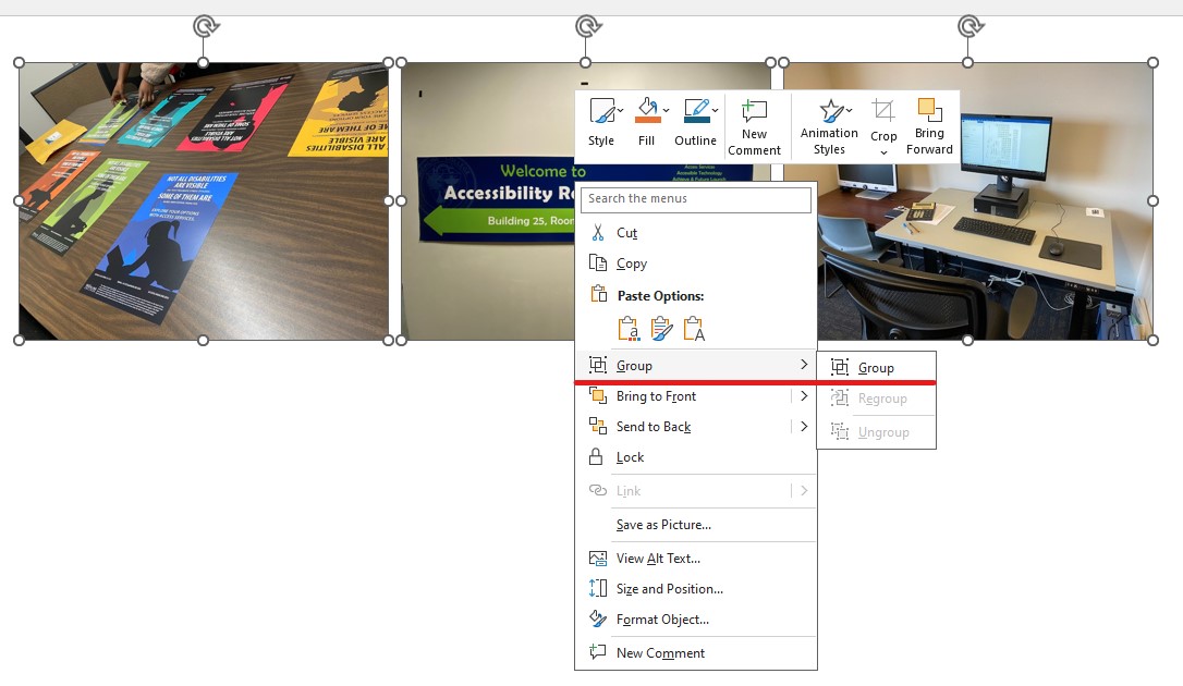 A PowerPoint presentation with three selected images. The contextual menu is open and the Group command is marked.