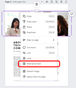 Screenshot of the Canva page editor with an image selected and showing the Alternative Text menu option.