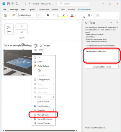 An Outlook message window with an image highlighted and showing the View Alt Text options.