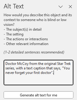 Outlook's Alt Text pane with text describing the image in the document: Doctor McCoy from the original Star Trek series, with a text caption that says, "You never forget your first doctor".