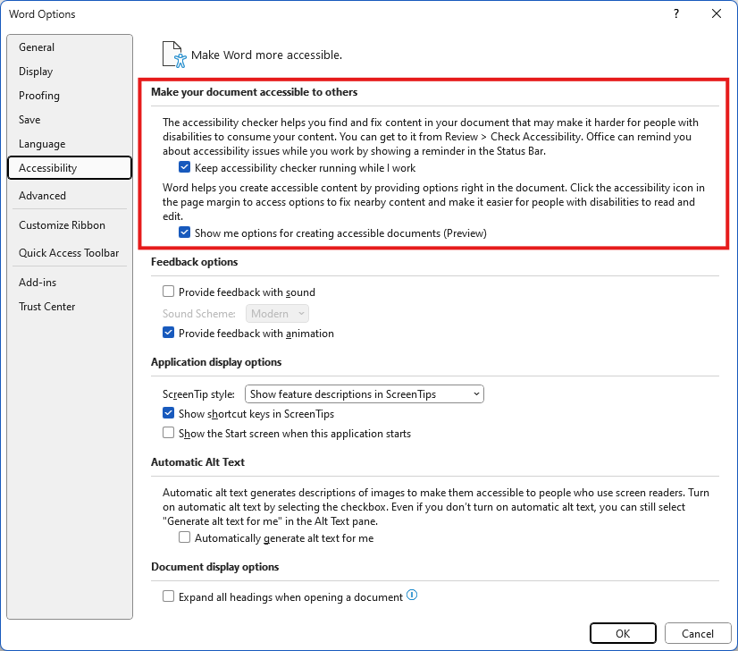 Word's accessibility options screen with the first two options checked to enable the full-time accessibility checker.