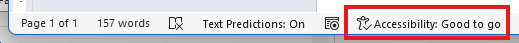 Word's document status bar with the Accessibility Good to Go notice marked with a red box.