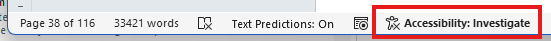 Word's document status bar with the Accessibility Investigate notice marked with a red box.