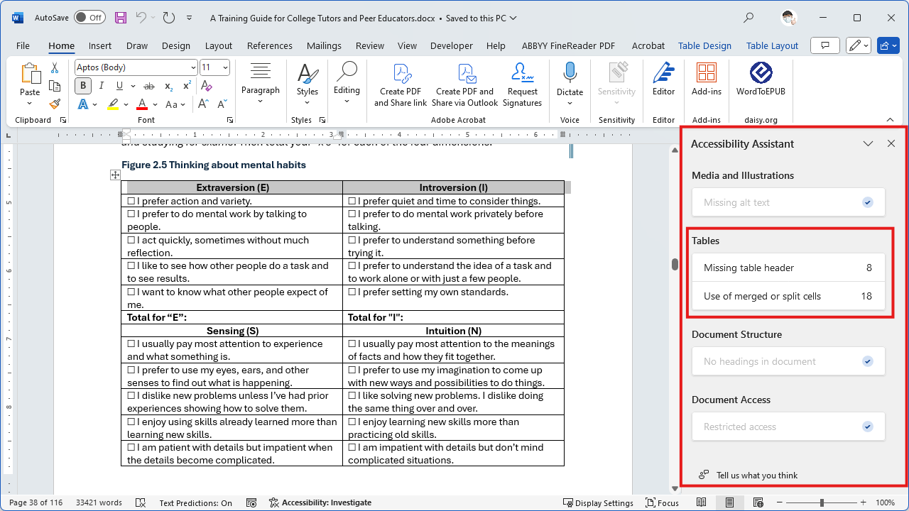 Word's accessibility assistant sidebar open and marked with a red box. The assistant has found tables that are missing header rows and that use merged cells, this section is also marked with a red box.