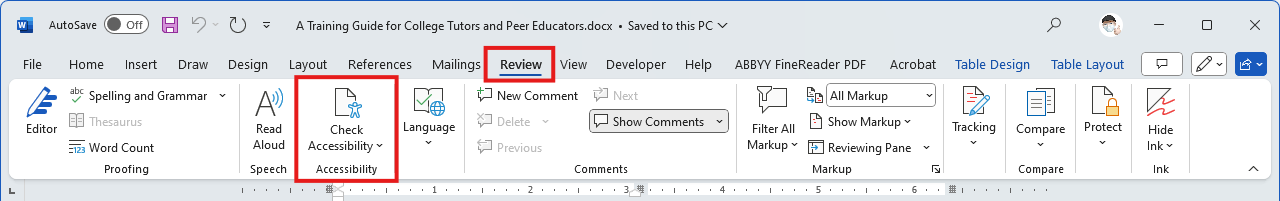 Word's Review ribbon, with the Review ribbon name and the Check Accessibility button highlighted with red boxes.