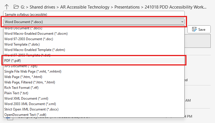 Word's Save As screen with the file type menu open and highlighted with a red box, and with the PDF option also highlighted with a red box.