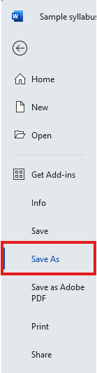 The left side of Word's File options screen with the Save As command highlighted with a red box.