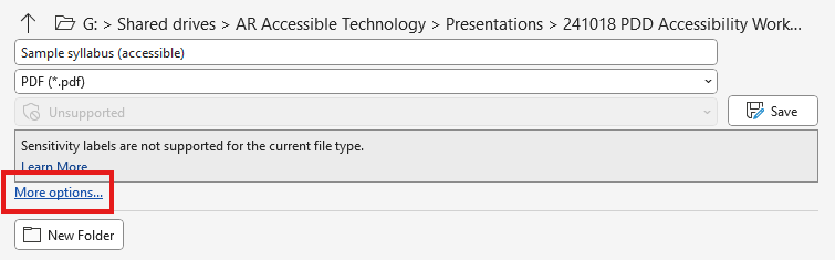 Word's file save screen with the More options link highlighted with a red box.