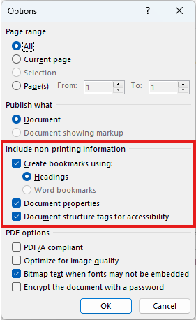 Word's PDF options dialog box with the Include non-printing information section highlighted with a red box.