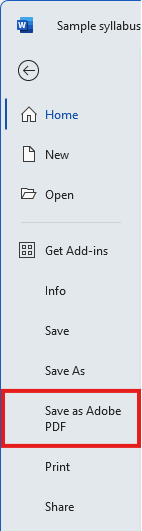 The left side of Word's File screen with the Save As Adobe PDF option highlighted with a red box.