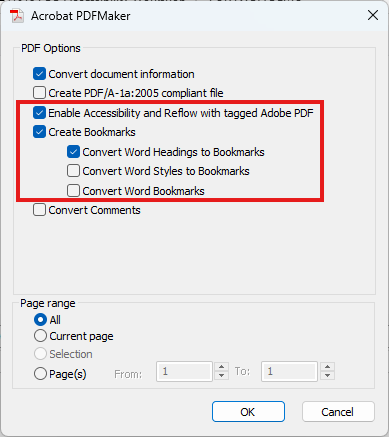 Word's Acrobat PDFMaker options screen with the accessibility options highlighted with a red box.