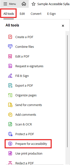 Acrobat's All Tools menu open with the All Tools label and the Prepare for accessibility option highlighted with red boxes.