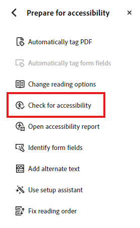 Acrobat's accessibility tools menu with the Check for accessibility option highlighted with a red box.