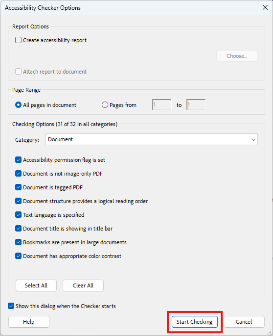 Acrobat's accessibility checker options screen with the Start Checking button highlighted with a red box.