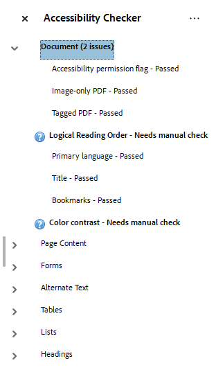 Acrobat's accessibility checker report showing two warnings that must be manually checked.