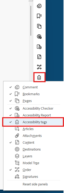 Arcrobat's context menu for the right side toolbar open with the Accessibility tags option checked and highlighted with a red box. The tag icon in the toolbar is also highlighted with a red box.