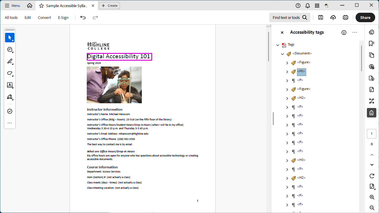 A document open in Acrobat with the accessibility tags pane open. An H1 tag is selected in the tag tree, and a line of text in the document is highlighted with a purple box.