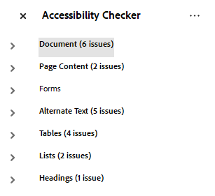 Acrobat's accessibility checker results showing six document issues, two page content issues, five alternate text issues, four table issues, two list issues, and one headings issue.