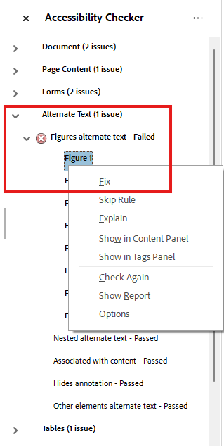 Acrobat's accessibility check results pane showing several errors. One alt text error is selected with the context menu open. The section of the tag tree and the context menu with the Fix item are highlighted with a red box.